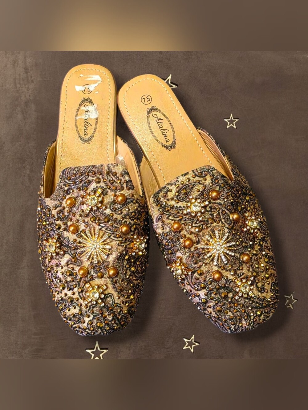 Atalina Embellished Gold Beaded Paisley Mules